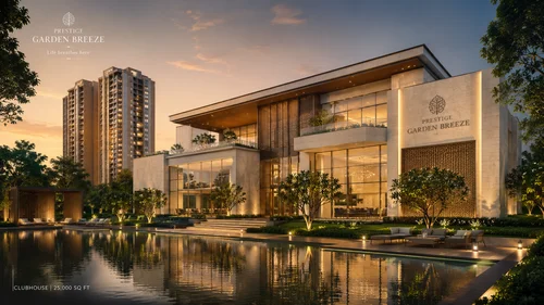 Prestige Garden Breeze 25,000 sqft standalone clubhouse with reflection pool at dusk