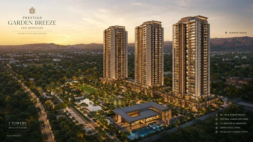 Prestige Garden Breeze three-tower aerial at golden hour with clubhouse and Yamare Ridge backdrop